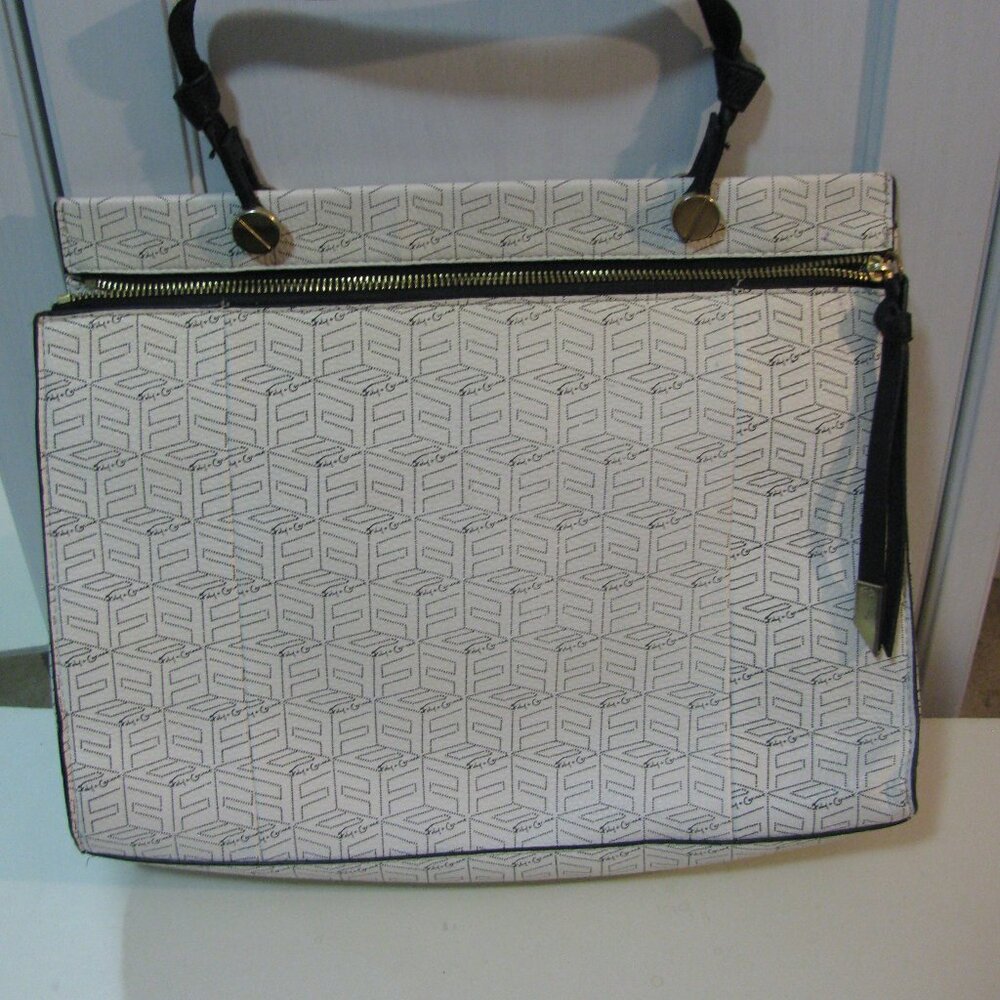 Foley + Corinna Signature Top Handle Faux Leather Zip Pockets White Black Bag - Picture 1 of 9